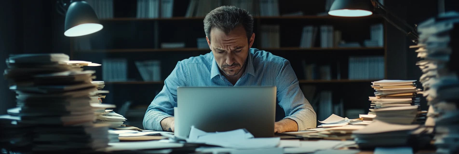 Immobilienmakler am überfüllten Schreibtisch — manuelle Prozesse ohne CRM