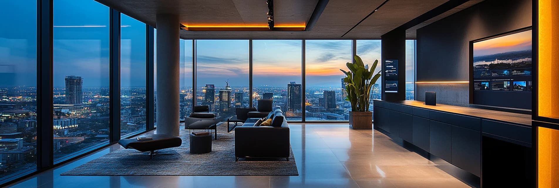 Modernes Immobilienbüro mit großen Fenstern und Stadtblick — professionelles Maklerbüro Design