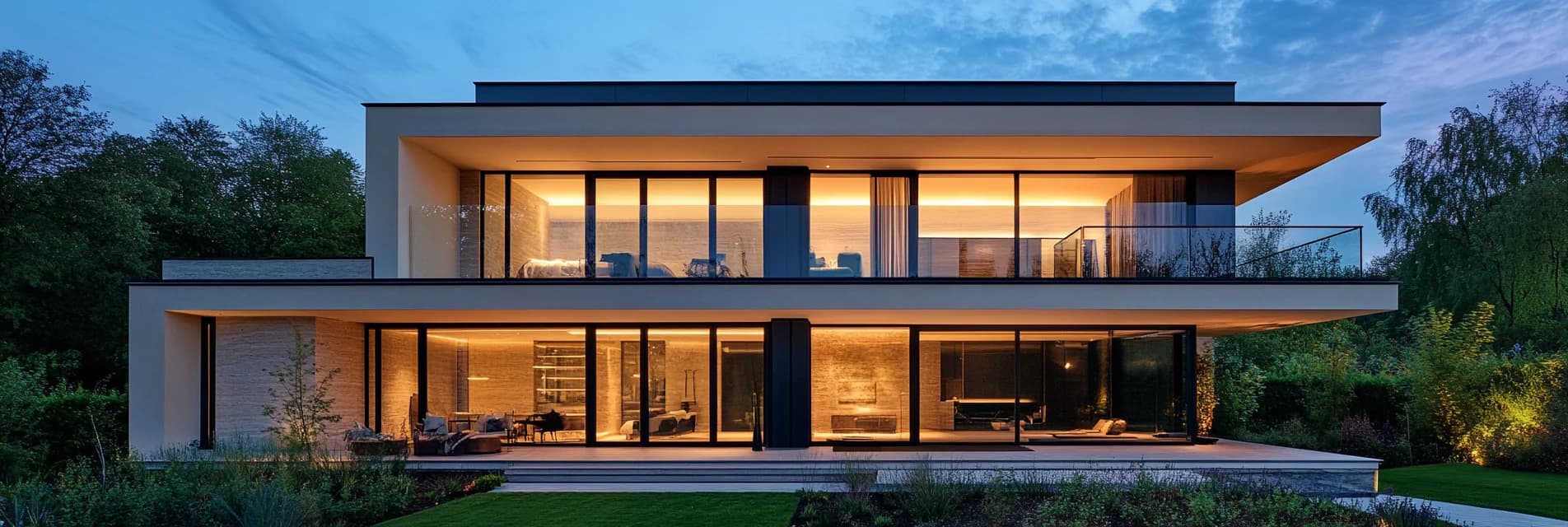 Modernes Luxushaus bei Abenddämmerung — professionelle Immobilienpräsentation durch eyedia